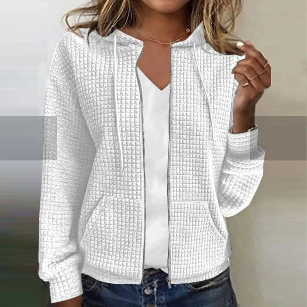 Full view of women's zip-front waffle knit comfort jacket, a cozy & stylish piece for casual wear.
