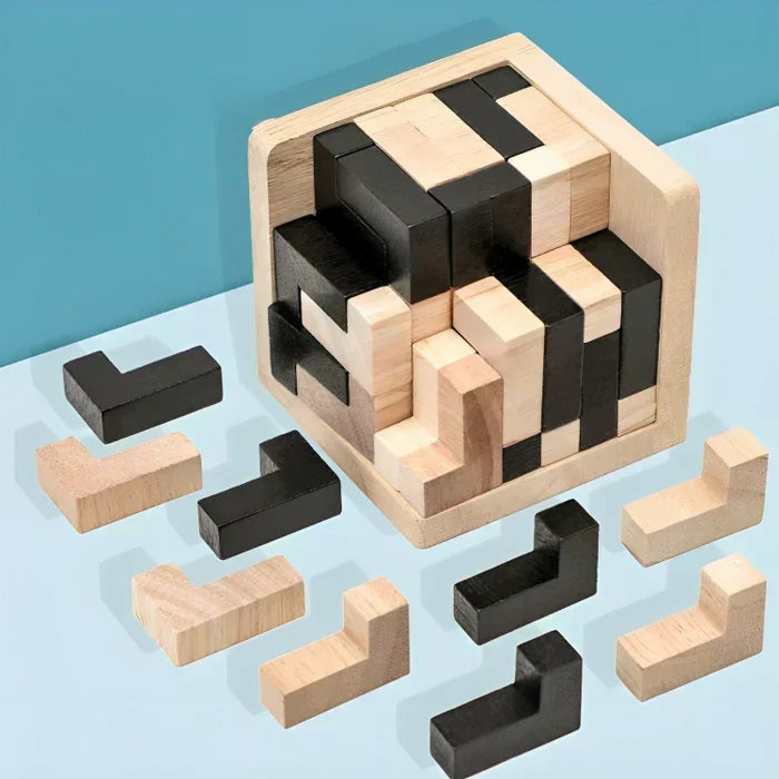 Wooden 3D brain teaser puzzle for kids & adults. Educational toy, logic game, perfect for spatial reasoning.