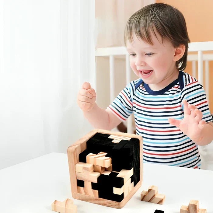 Intricate wooden 3D puzzle, a challenging brain teaser for developing concentration and problem-solving skills.