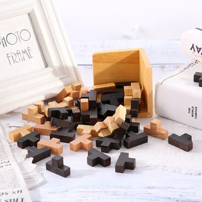 A beautifully crafted wooden brain teaser puzzle, ideal educational toy for kids and adults. Enhances logic & strategy.