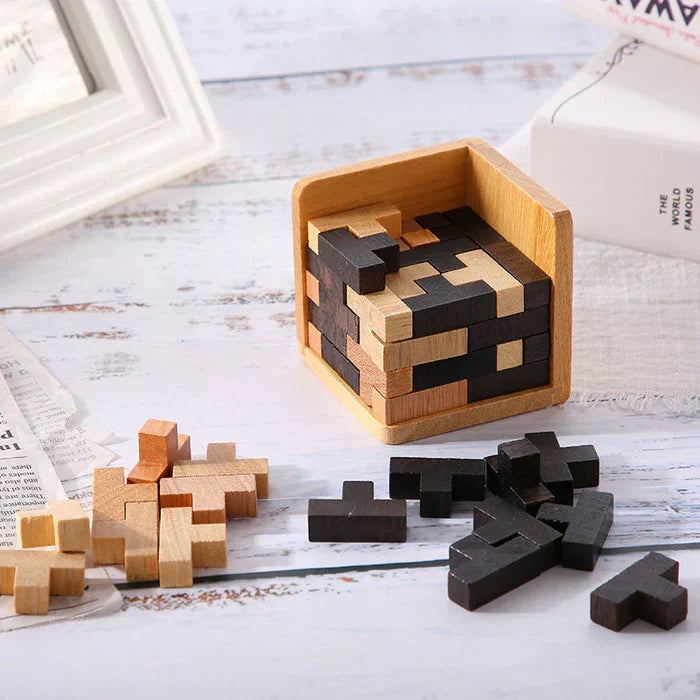 Close-up of a complex wooden 3D puzzle, a mind-bending logic game designed for adults & older kids. Great gift idea.
