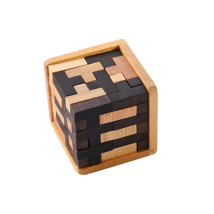 Detailed view of the Wooden 3D Brain Teaser Puzzle, showing its interlocking parts for a challenging adult logic game.