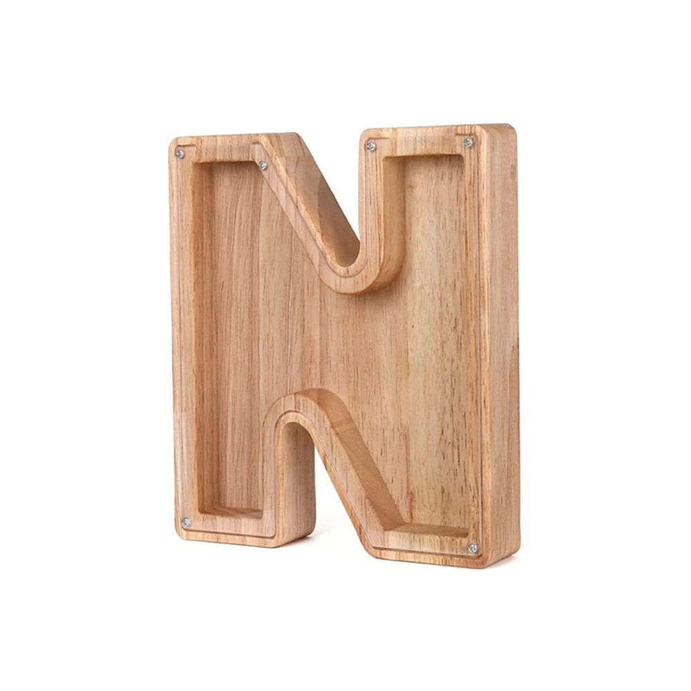 Personalized wooden alphabet piggy bank 'J', fostering kids' saving habits early.