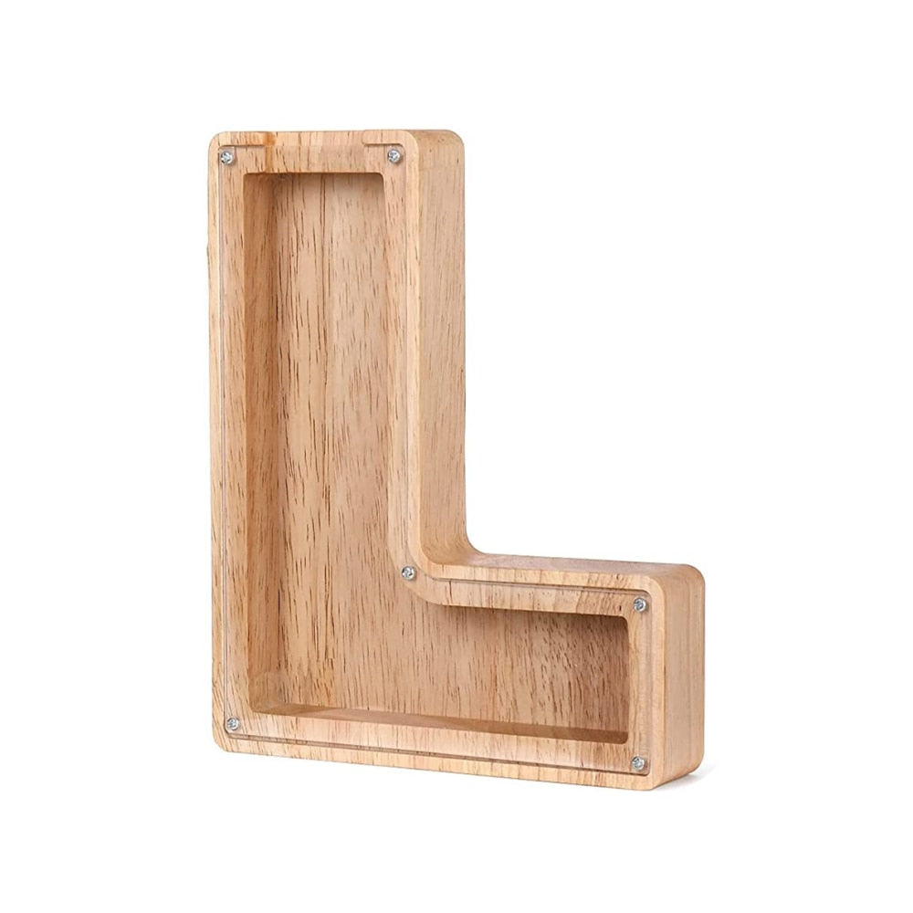 Kids' wooden 'K' letter savings bank, perfect as a nursery decor or unique gift.