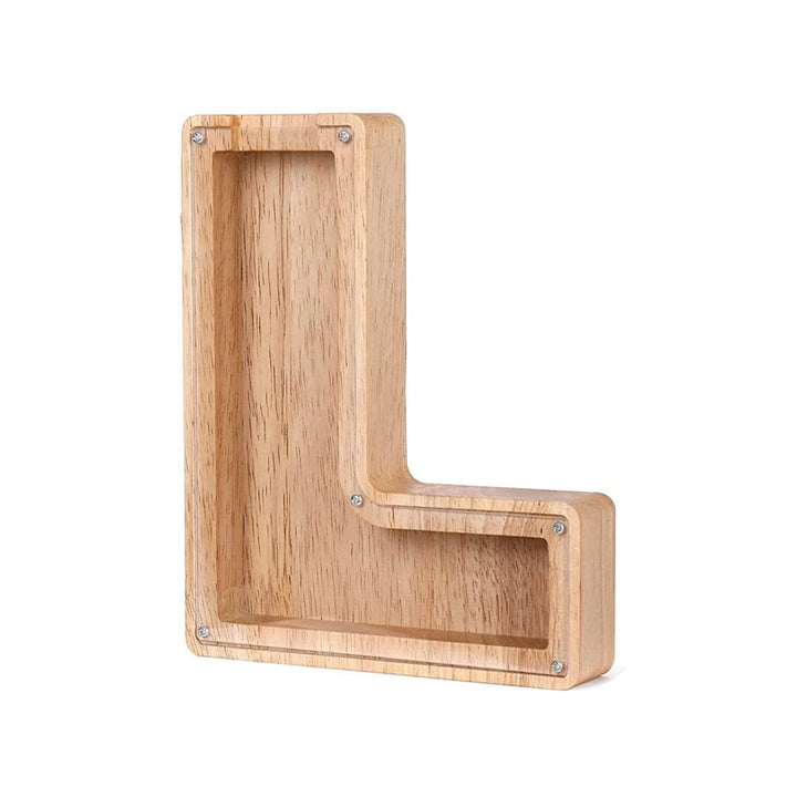 Kids' wooden 'K' letter savings bank, perfect as a nursery decor or unique gift.