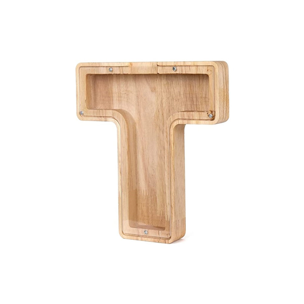 Educational wooden 'L' alphabet money bank, teaching value of money in a fun way.