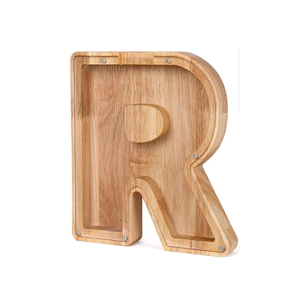 Unique wooden alphabet piggy bank 'N', personalized for a special child's savings.