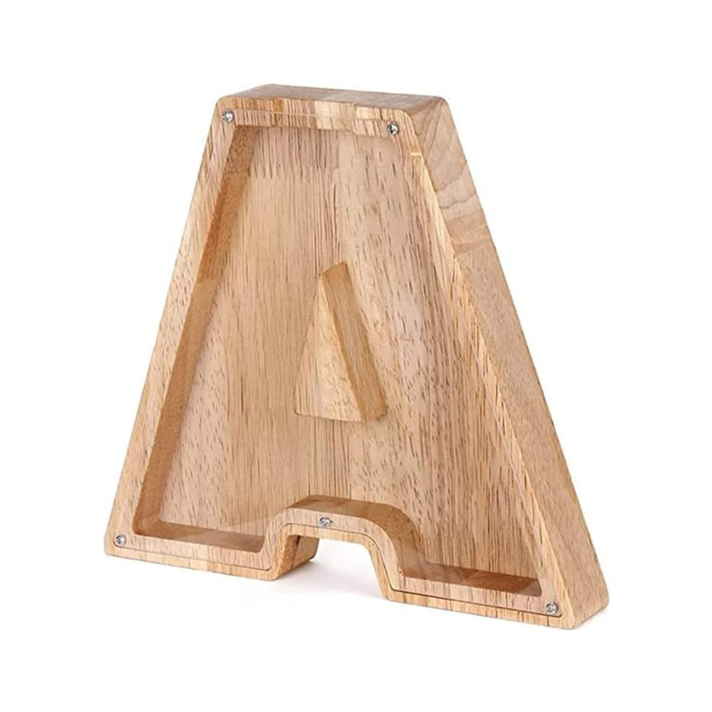 Personalized wooden 'P' alphabet money bank, a durable and educational toy for kids.