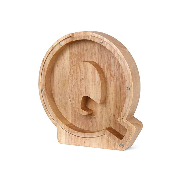Handmade wooden 'Q' letter money box, an ideal gift for birthdays or baby showers.