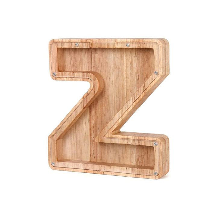 Wooden alphabet piggy bank 'R' for kids, promoting financial education & room decor.