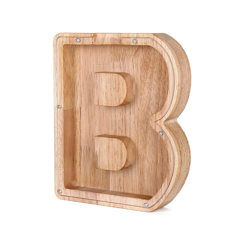 Educational wooden 'T' alphabet money bank, perfect for a child's first savings.