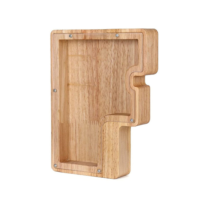 Handmade wooden 'U' letter savings box, a personalized and eco-friendly children's gift.