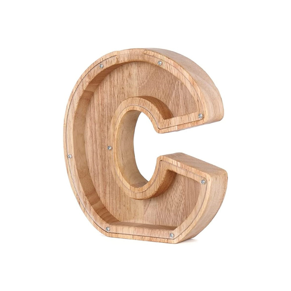 Unique wooden 'V' alphabet piggy bank, a LetterSaver for stylish kid's room decor.