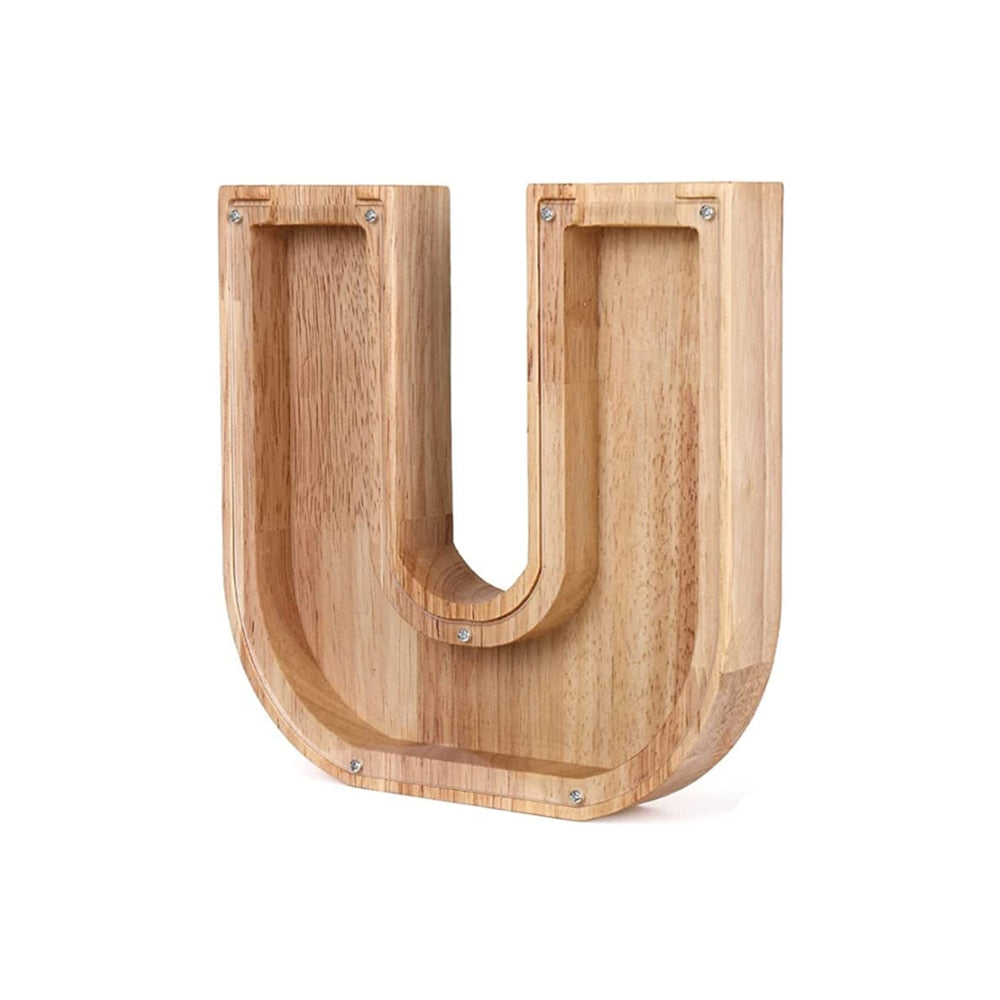 Personalized wooden 'X' alphabet savings bank, encouraging young savers with style.