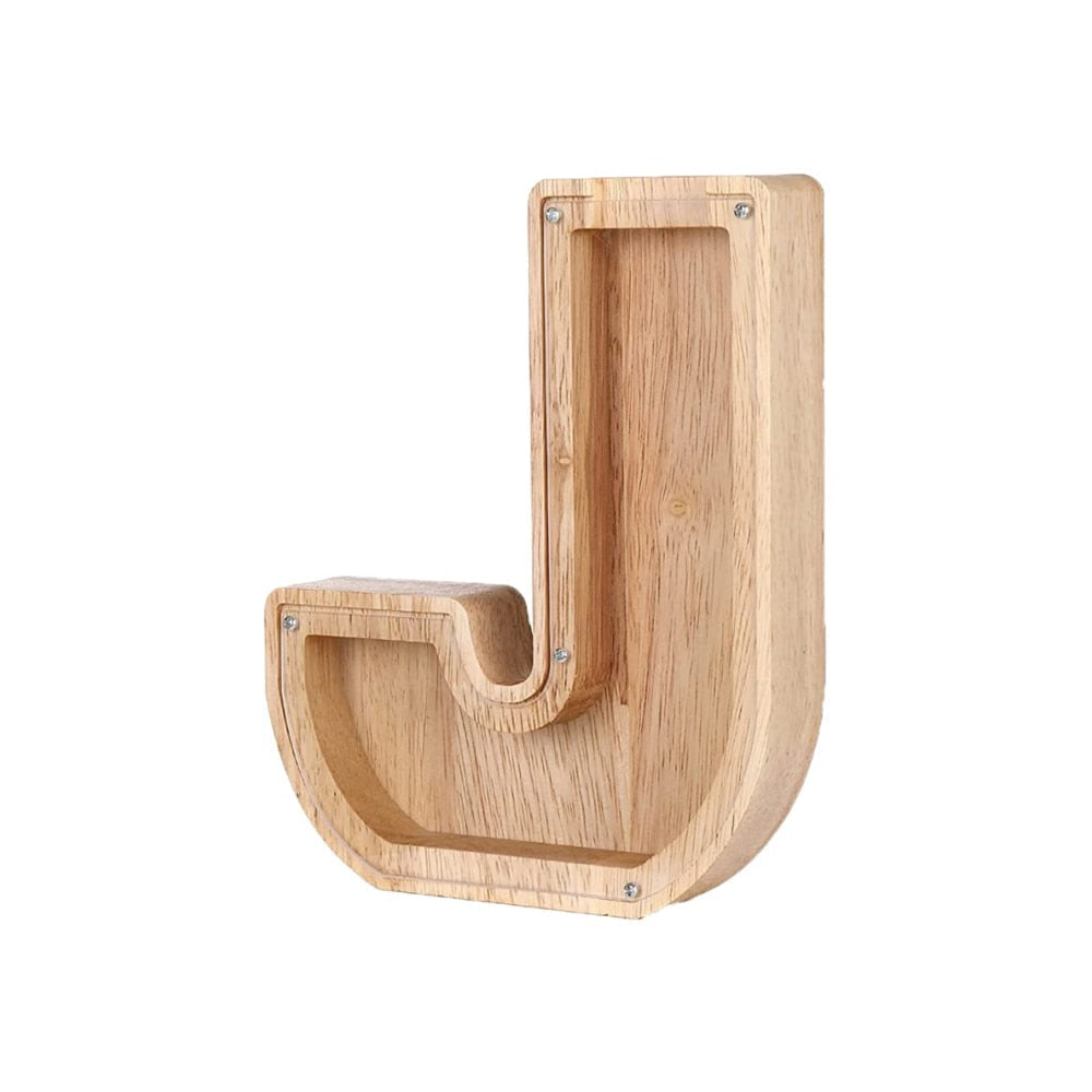 Handmade wooden alphabet money box, perfect for teaching kids about saving.