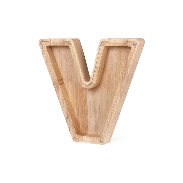Unique wooden letter 'E' money bank, handmade and perfect for kids' decor.