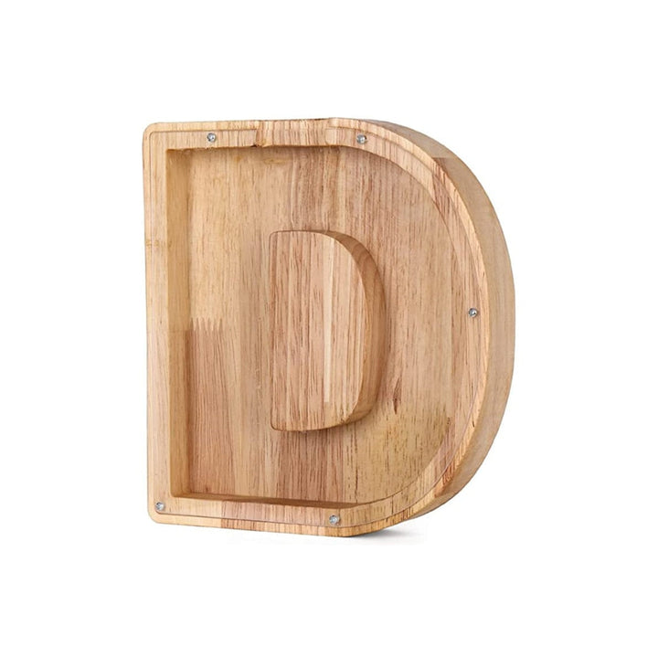 Personalized wooden alphabet savings bank 'F', a thoughtful gift for any child.