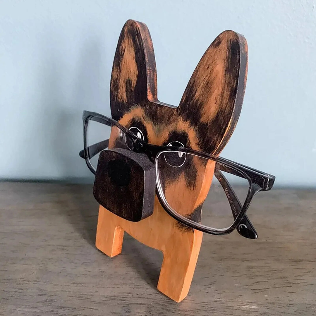 Sturdy wooden bear eyewear stand, practical desk organization & rustic home decor accent.