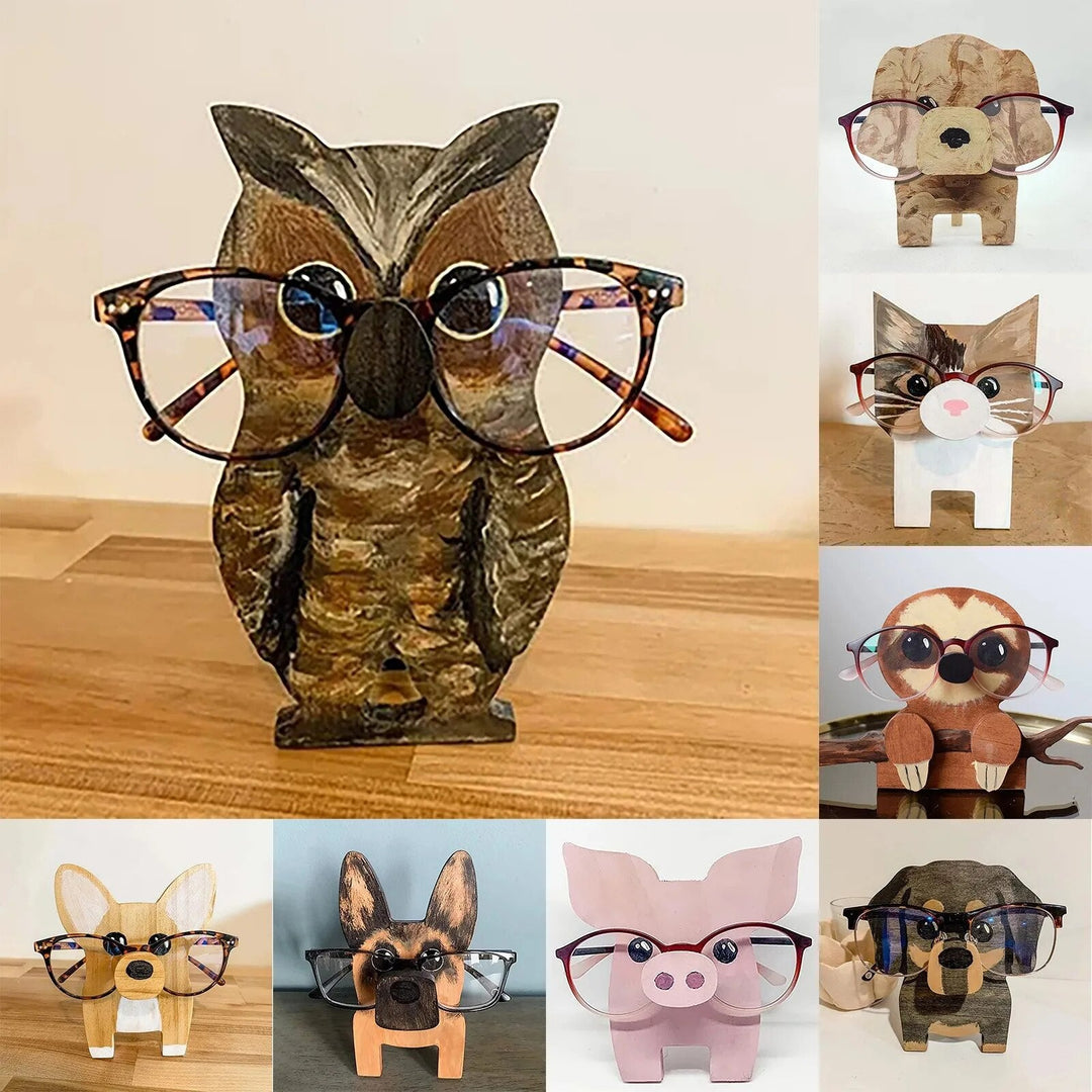 Adorable wooden cat glasses holder, a charming desk accessory & unique gift for eyewear.