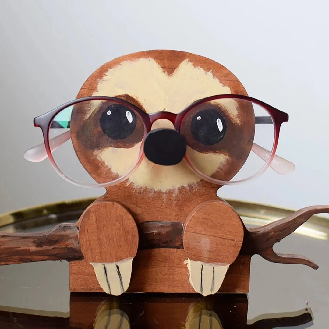 Whimsical wooden owl glasses holder, fun desk accessory & unique home decor gift.