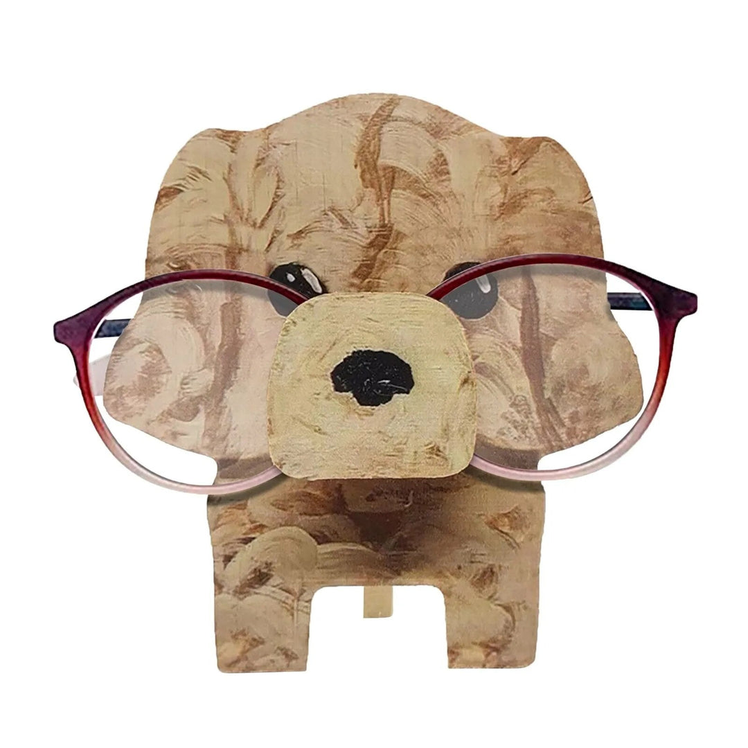 Hand-carved wooden animal glasses stand, durable desk accessory & charming home decor.