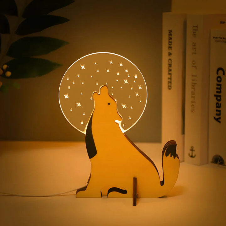 Close-up of a wooden fox LED night light, showcasing its warm glow for a child's night stand.