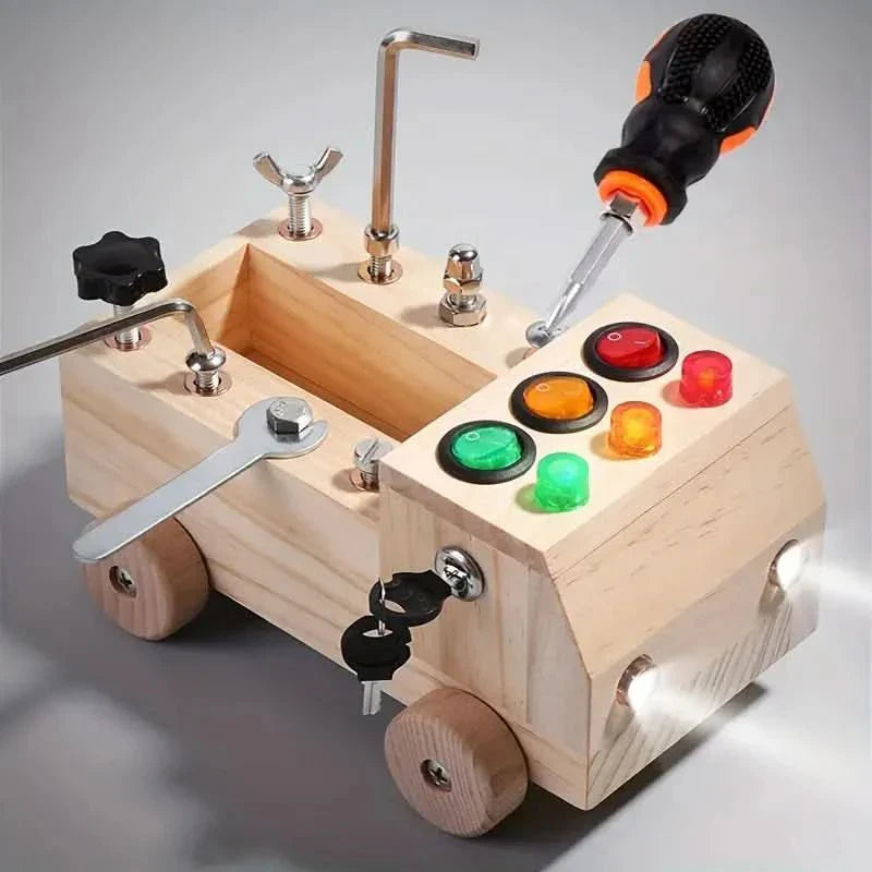 Wooden busy board for toddlers, developing fine motor skills & sensory play. Educational activity toy for kids.