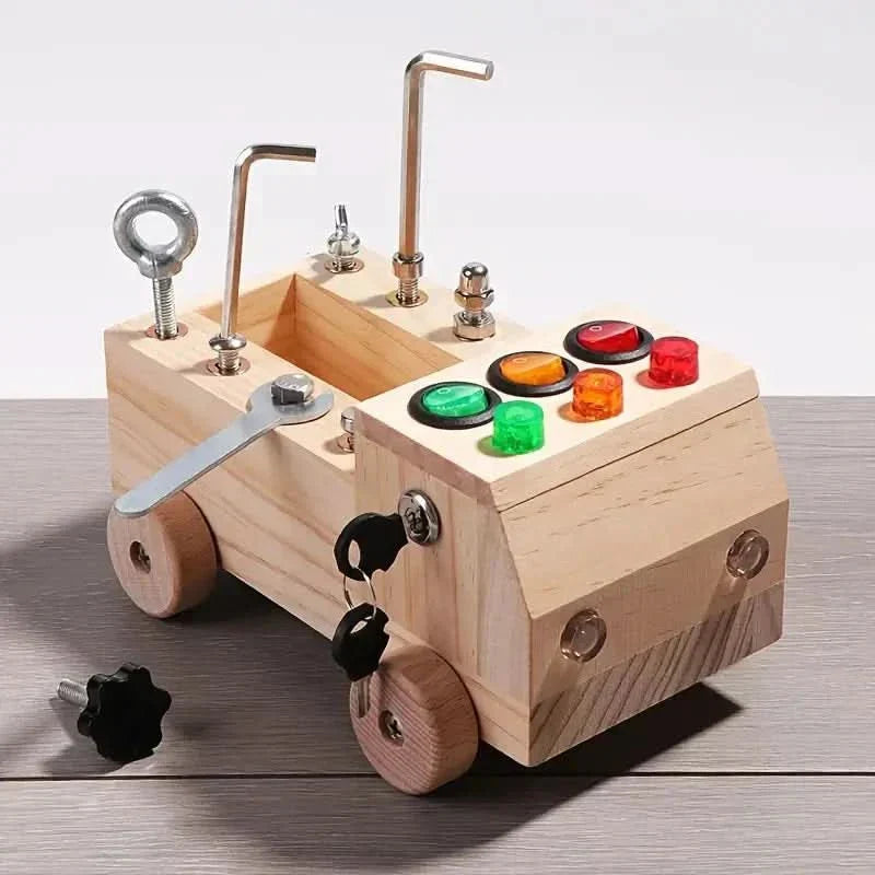 Developmental wooden busy board, perfect for toddlers to enhance fine motor skills, problem-solving, and sensory play.