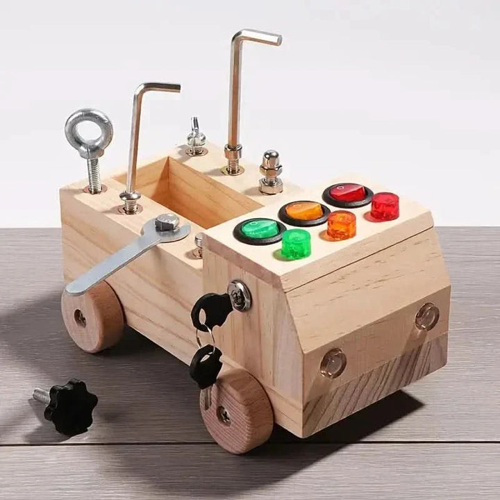 Developmental wooden busy board, perfect for toddlers to enhance fine motor skills, problem-solving, and sensory play.