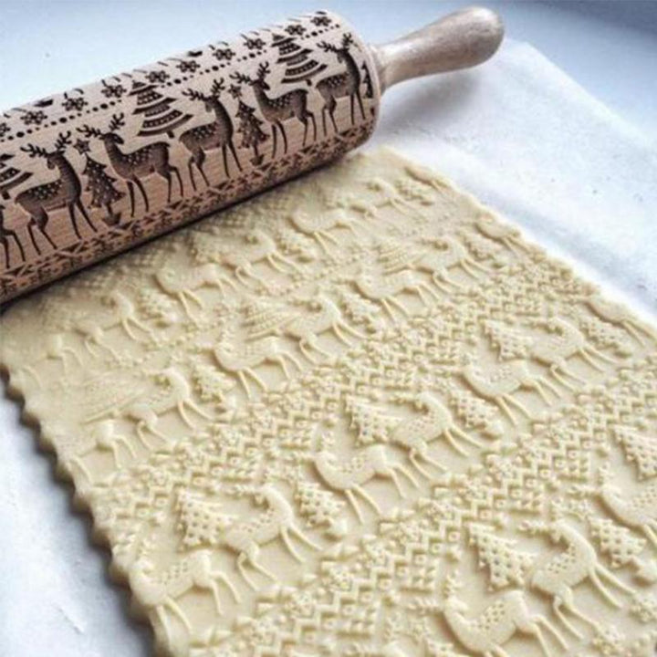 Embossed wooden rolling pin, an essential baking tool for creating unique decorative patterns on cookies & dough.