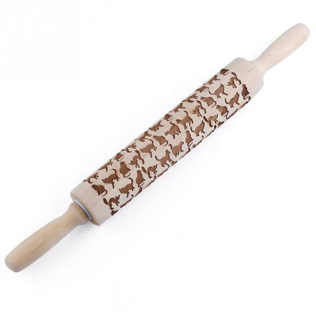 Embossed rolling pin for patterned dough. Perfect baking tool for unique decorative cookies & holiday pastries.