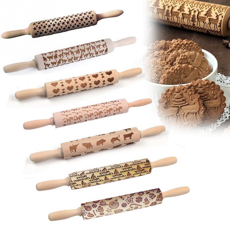 Unique embossed wooden rolling pin creates beautiful patterns on cookie dough. Ideal for decorative baking & desserts.
