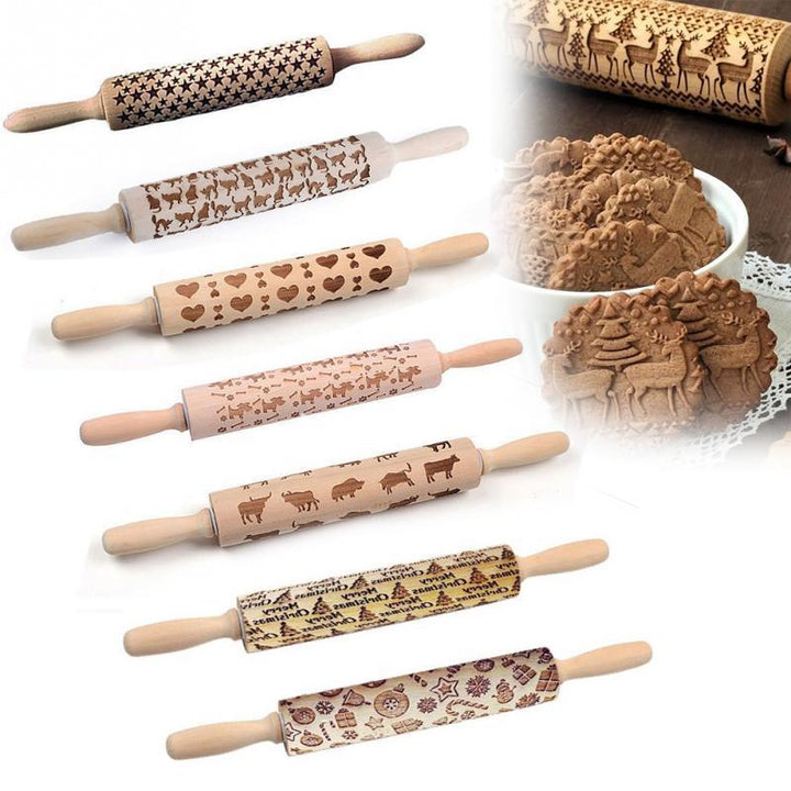 Unique embossed wooden rolling pin creates beautiful patterns on cookie dough. Ideal for decorative baking & desserts.