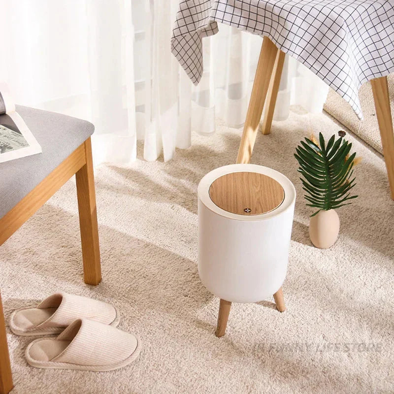 Wooden Finish High Foot Trash Can with Press Lid