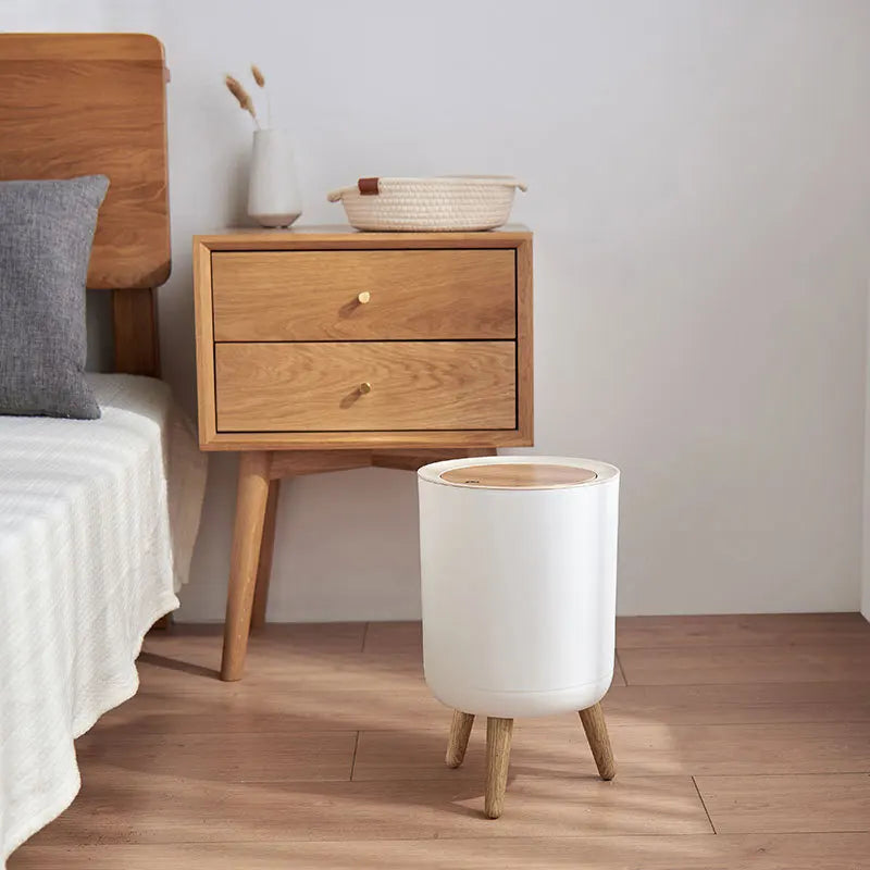 Wooden Finish High Foot Trash Can with Press Lid