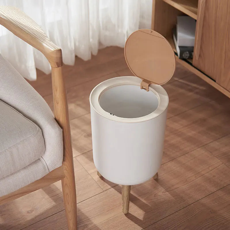Wooden Finish High Foot Trash Can with Press Lid