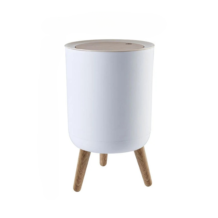 Wooden Finish High Foot Trash Can with Press Lid