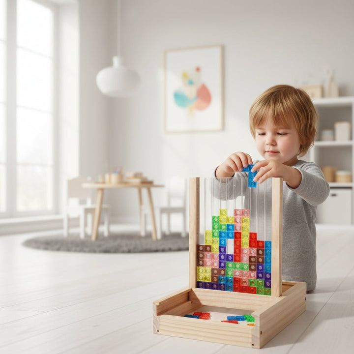 Sustainable wooden block puzzle. Eco-friendly logic game for all ages, promoting critical thinking & learning.