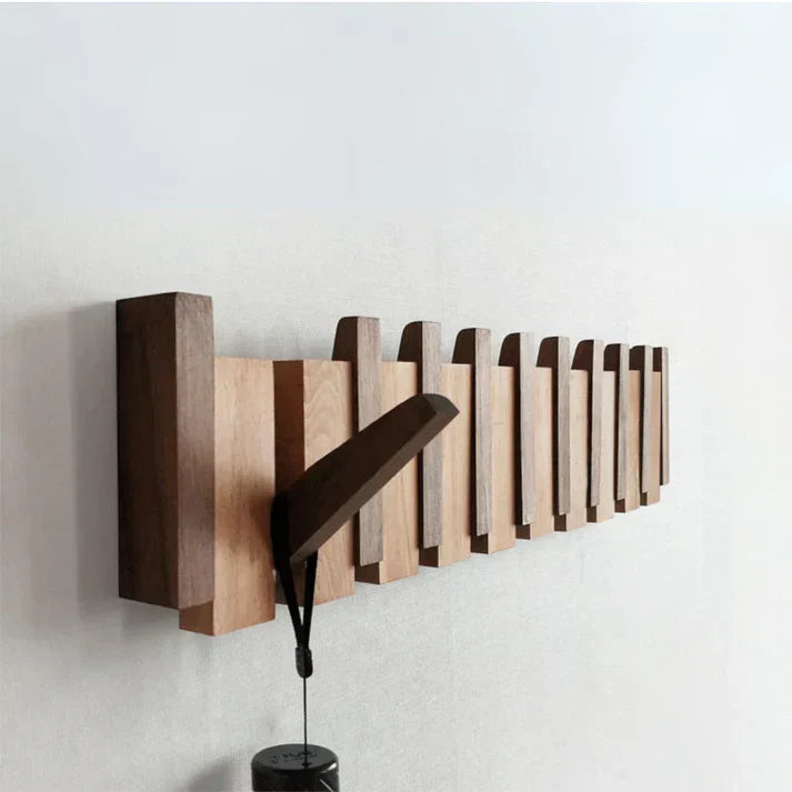 Wooden piano keys wall mounted coat rack with walnut finish, 6 hooks, modern entryway storage