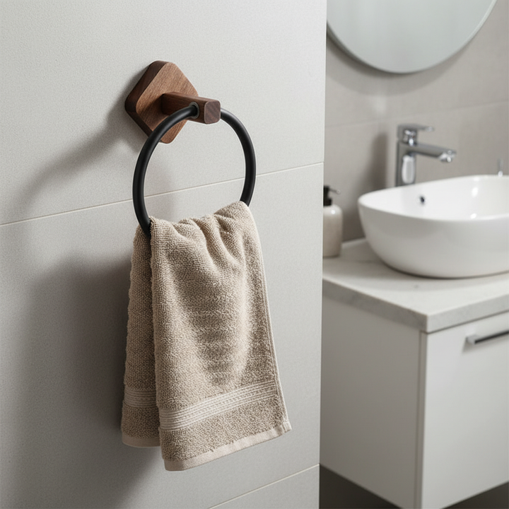 WoodenHalo wall mounted towel ring, aluminum base with light wood accent, modern bathroom decor