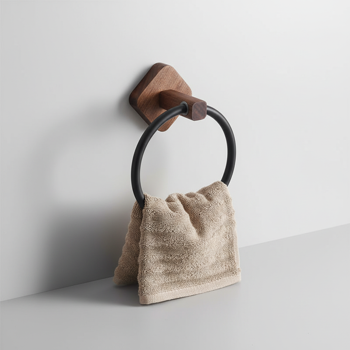 Minimalist wooden and aluminum towel ring, circular design, perfect for contemporary bathrooms