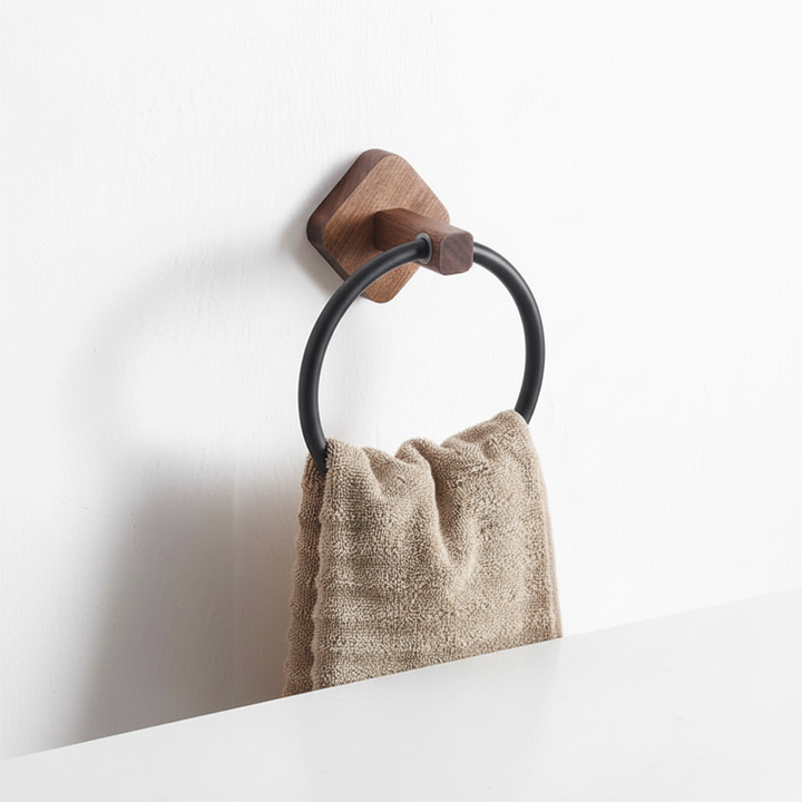 Stylish wall mounted towel ring, dark aluminum contrasted with natural wood, functional home decor