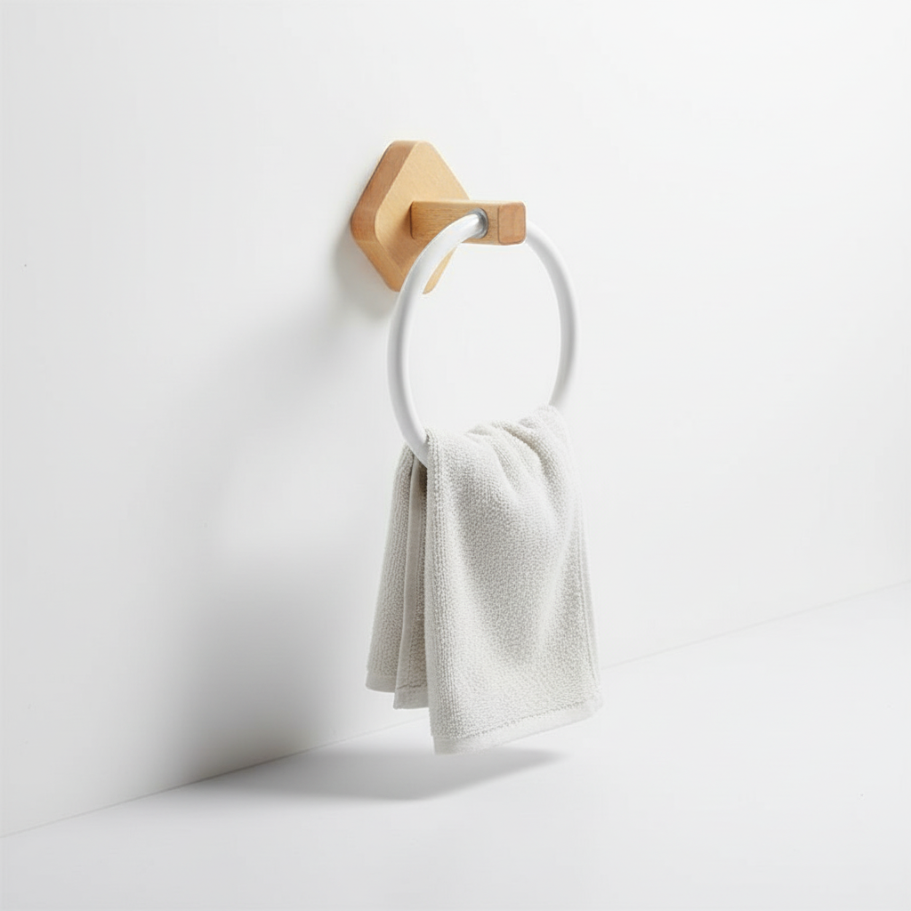 Contemporary bathroom with a WoodenHalo towel ring, offering elegant storage and a modern aesthetic