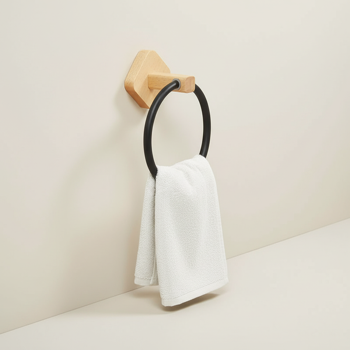 Towel ring with a unique wooden halo design, durable aluminum build, ideal for chic bathroom interiors