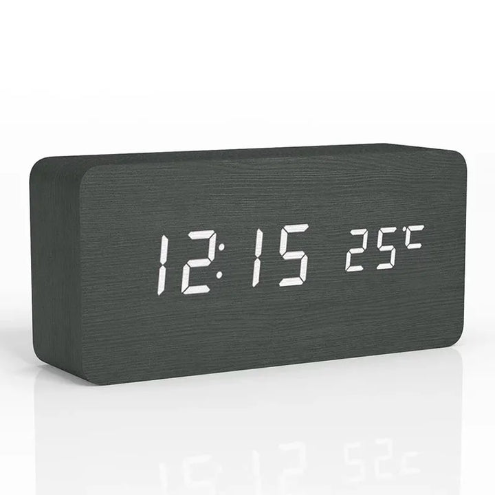 WoodSync digital wooden LED alarm clock, modern design for home decor with clear time display