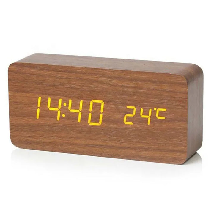 Unisex WoodSync digital clock with wooden casing and bright LED display, perfect for modern interiors