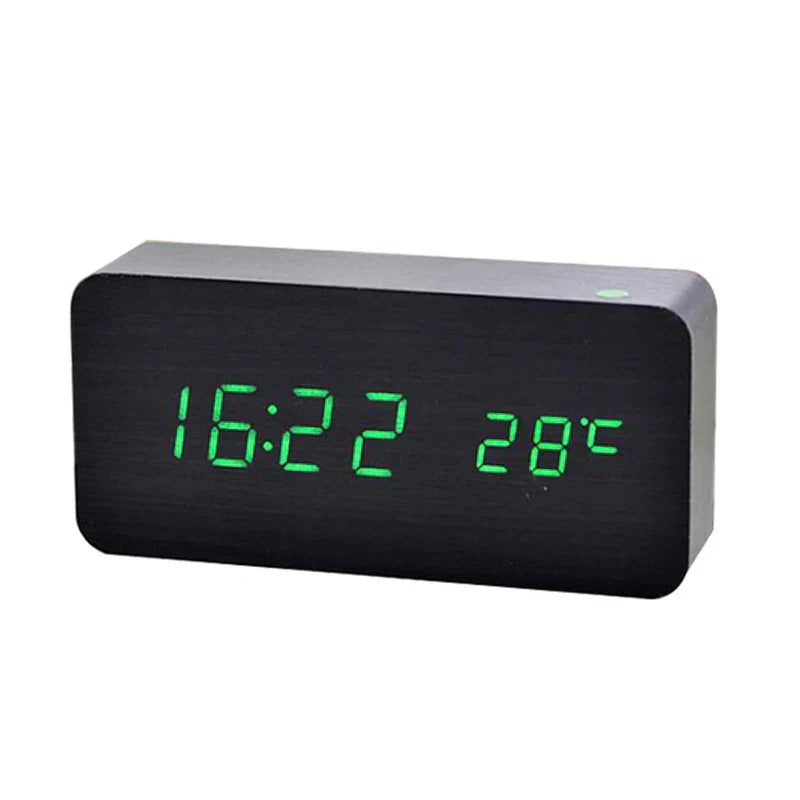 Close-up of WoodSync wooden alarm clock, LED digits clearly visible, ideal for bedroom or office