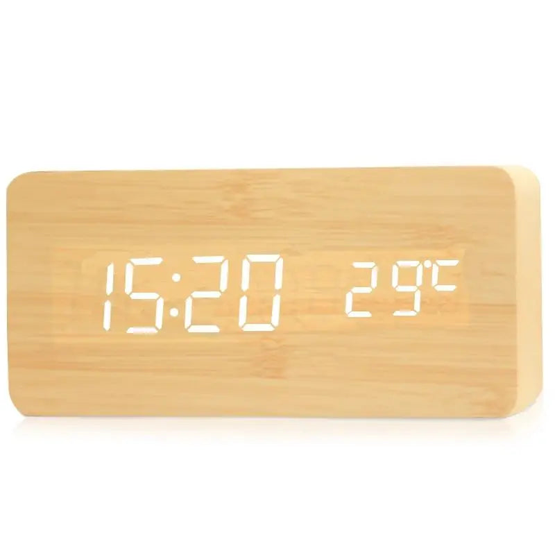 Stylish WoodSync digital wooden clock with LED display, blending seamlessly with contemporary home decor