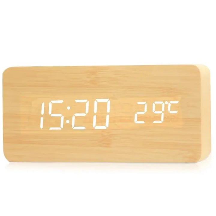 Stylish WoodSync digital wooden clock with LED display, blending seamlessly with contemporary home decor