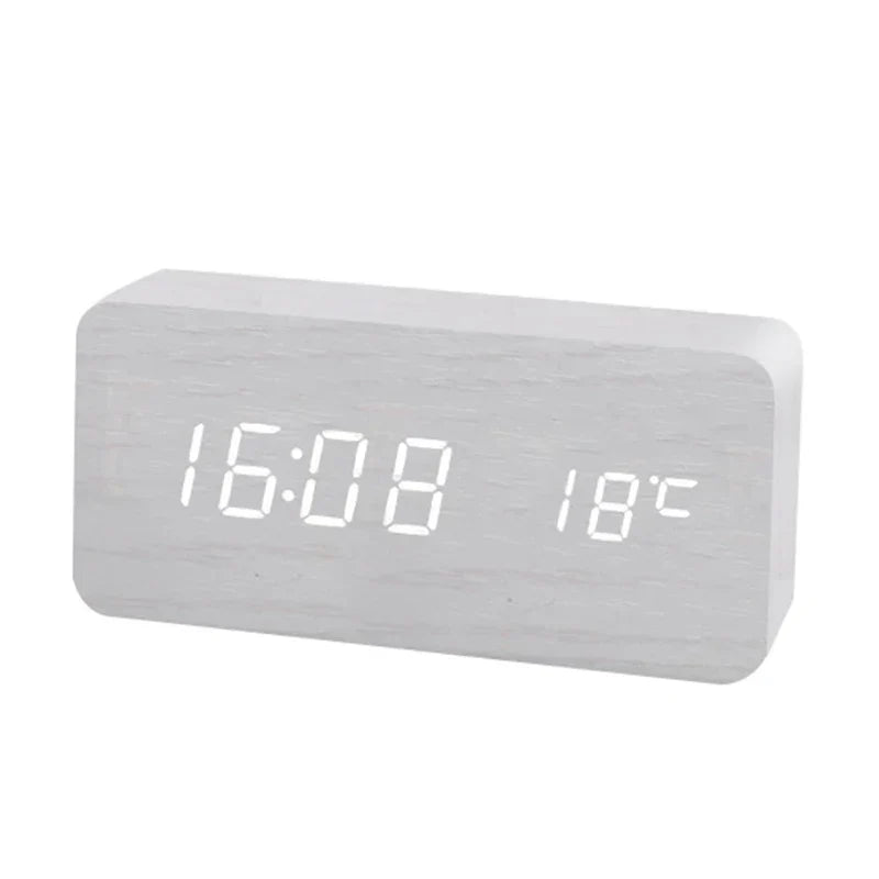 Functional WoodSync wooden LED alarm clock, featuring temperature display, a sleek and quiet timepiece